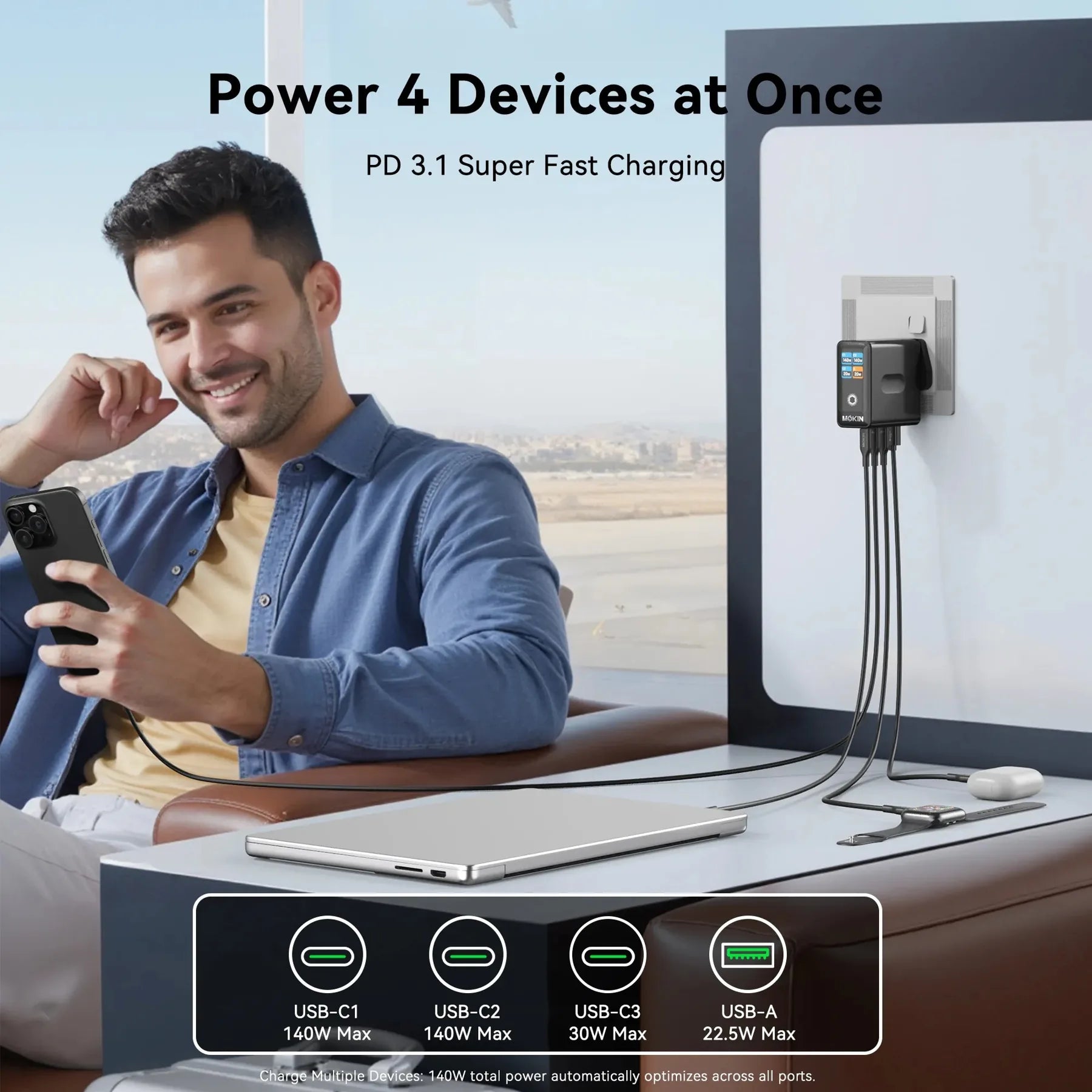 MOKiN GP140B 140W wall charger plugged into a UK Type G socket at an airport lounge desk, with four cables connected charging a laptop, smartphone, smartwatch, and earbuds simultaneously, showing the smart display and port layout including USB-C1, USB-C2, USB-C3, and USB-A