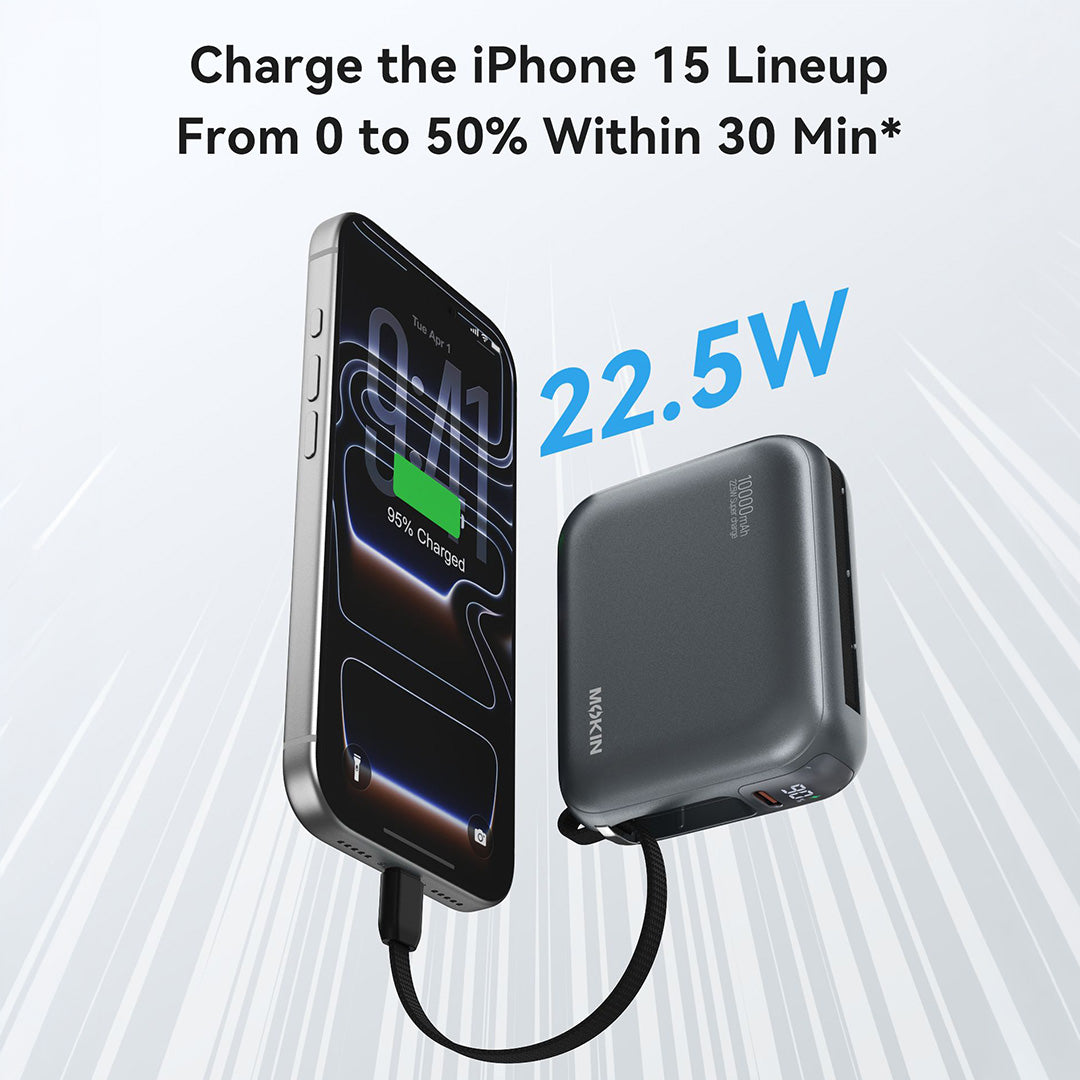 MOKiN 22.5W 10000mAh Fast Charge Power Bank with Bulit-in USB C & Lightning Cable
