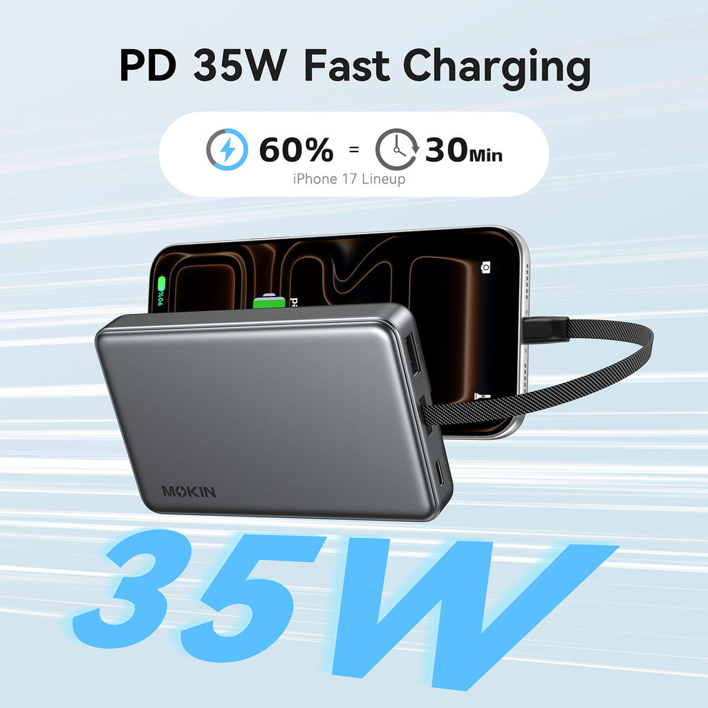 [BUNDLE PACK] MOKiN 35W 10000mAh Power Bank with build in USB C Cable and 45W PD TrueGround Wall Charger - Blue