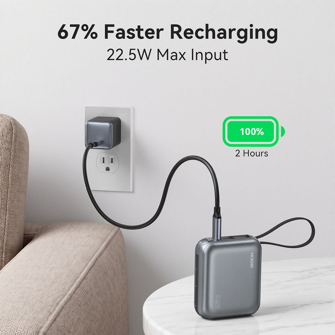 MOKiN 22.5W 10000mAh Fast Charge Power Bank with Bulit-in USB C & Lightning Cable