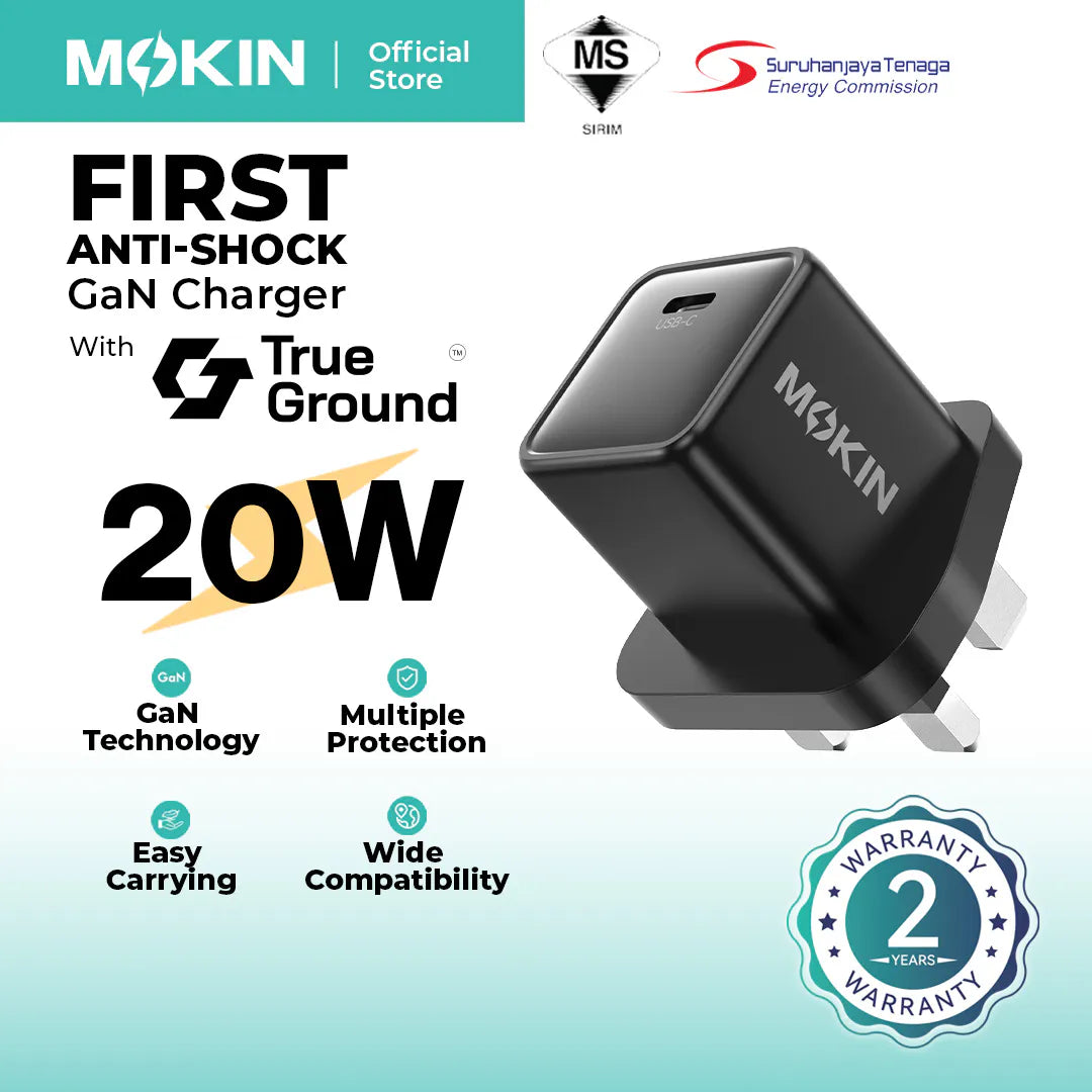 MOKiN 20W GaN charger with TrueGround anti-shock tech, compact black design angled view showing foldable plug