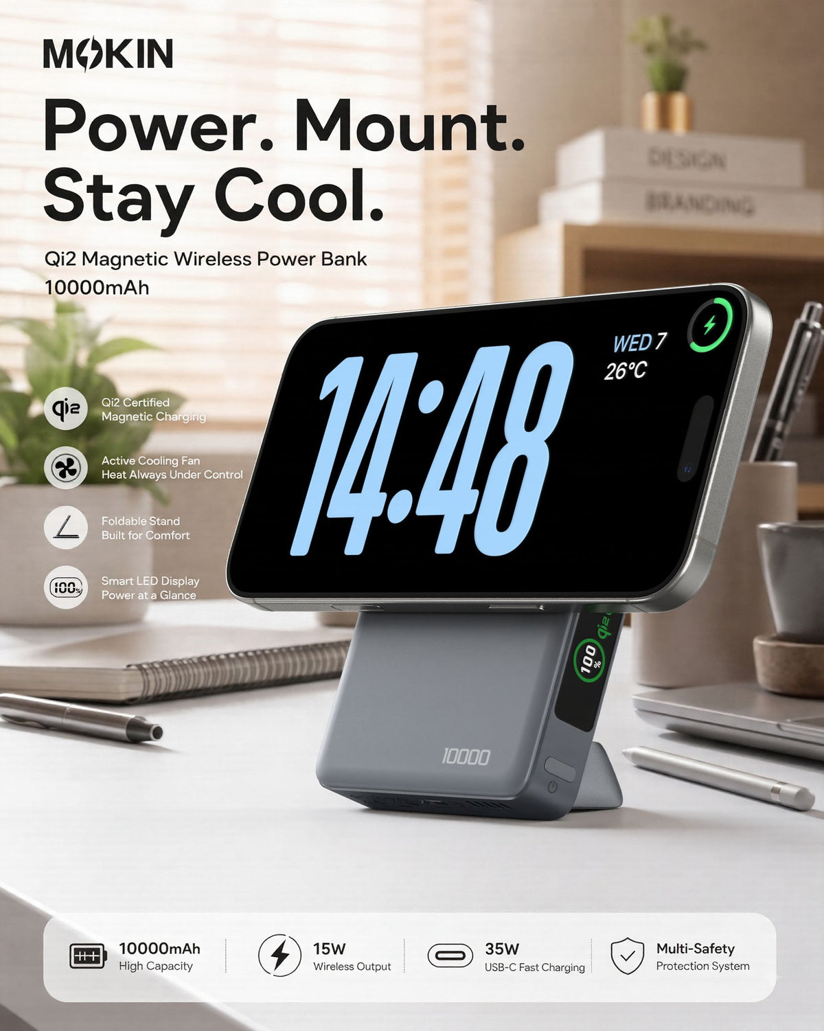 Mokin 35W 10000 mAh Qi2 Magsafe Power Bank with LED Digital Display & Cooling Fan