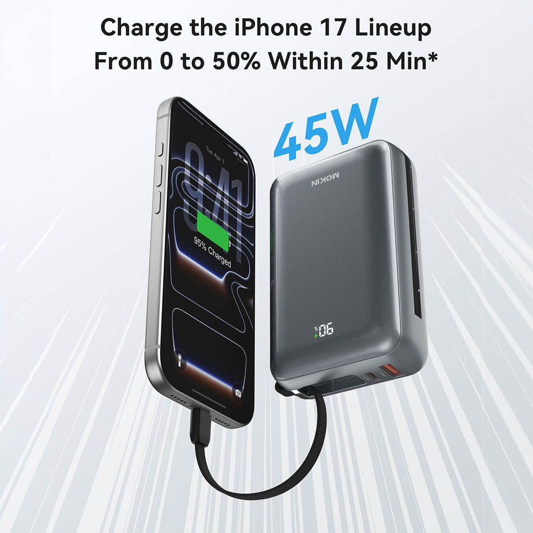 MOKiN 45W 20000mAh Fast Charge Power Bank with Bulit-in USB C & Lightning Cable