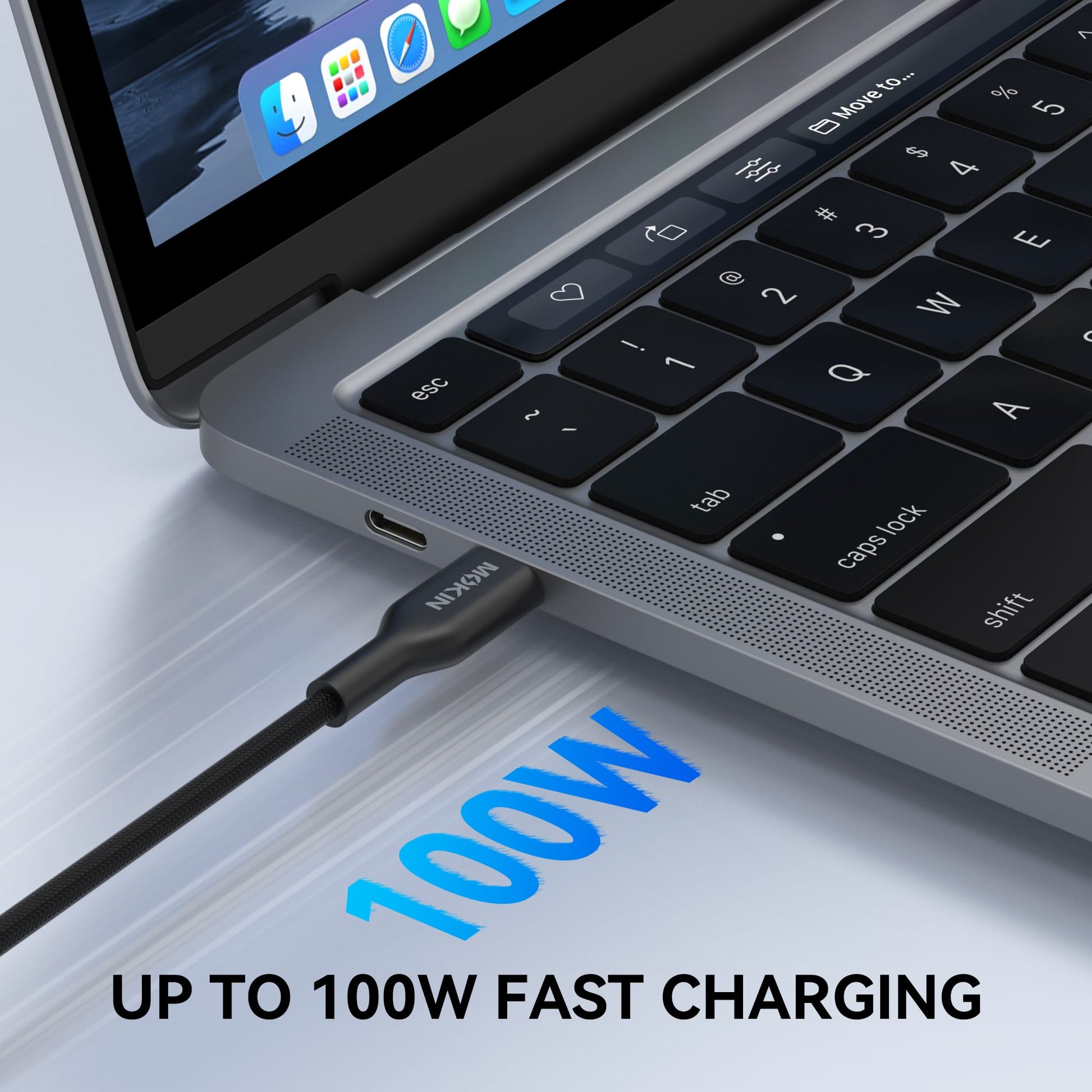 MOKiN CC0127 100W braided USB C to C cable close-up — PD 100W charging cable for laptops and phones