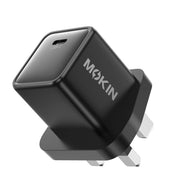 MOKiN 20W PD wall charger with USB-C port, angled view showing compact black design and dual UK plugs