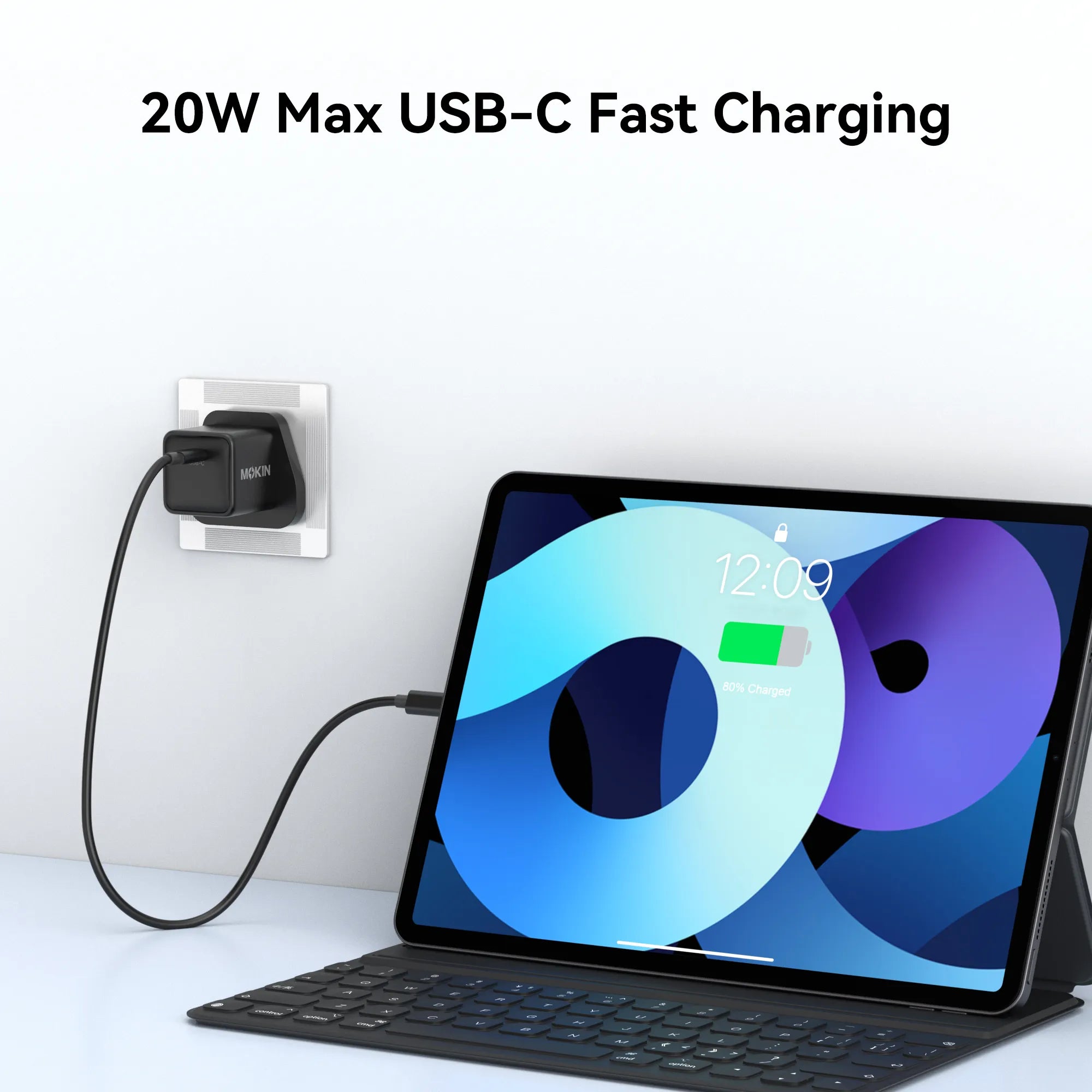 MOKiN 20W USB-C PD wall charger plugged into outlet, charging tablet displaying 50% battery status
