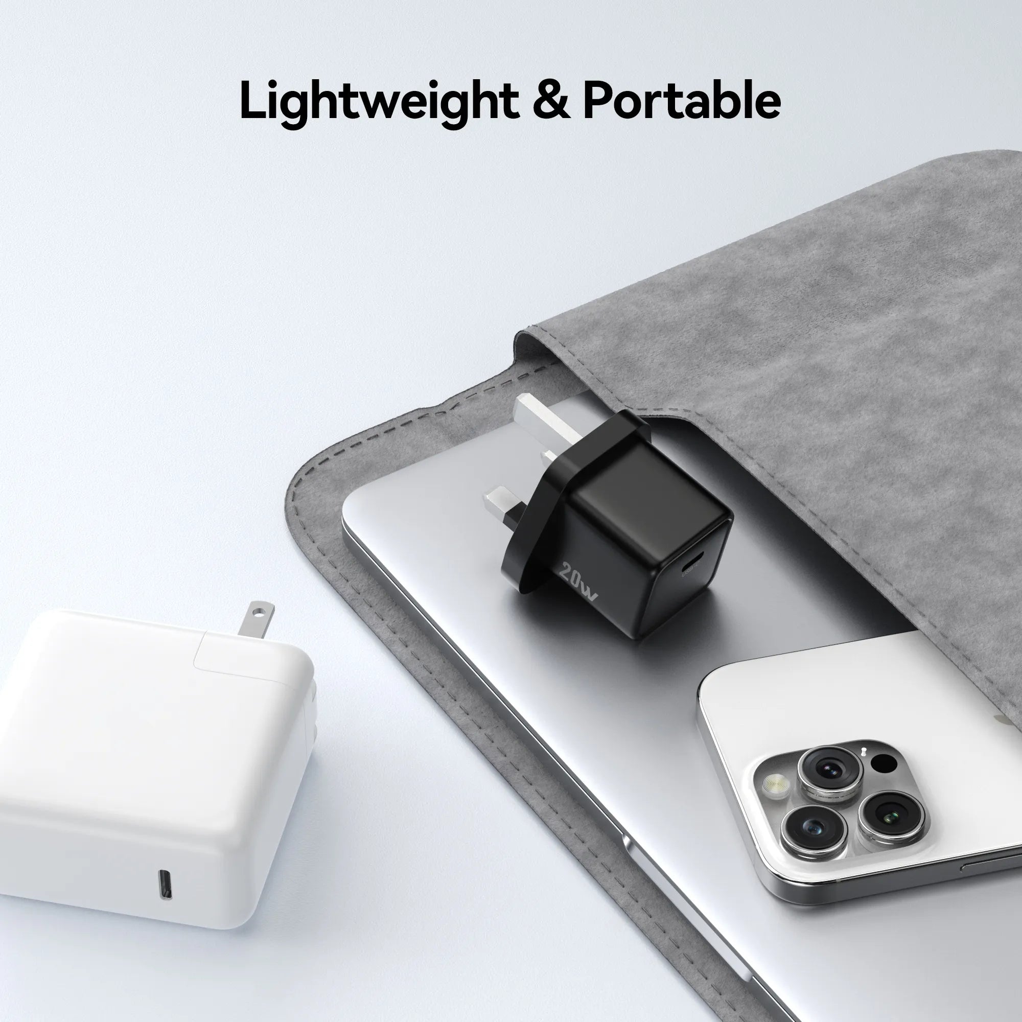 MOKiN 20W PD charger with TrueGround tech inside grey carry pouch, white iPhone nearby, lightweight portable design