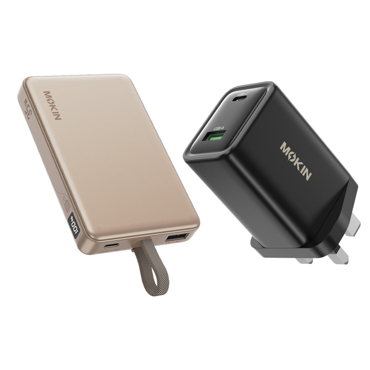 [BUNDLE PACK] MOKiN 35W 10000mAh Power Bank with build in USB C Cable and 45W PD TrueGround Wall Charger - Gold