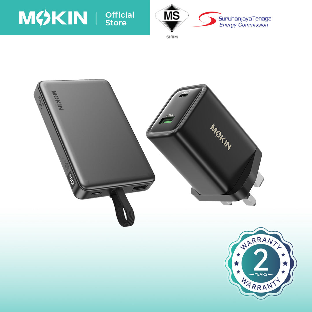 [BUNDLE PACK] MOKiN 35W 10000mAh Power Bank with build in USB C Cable and 45W PD TrueGround Wall Charger - Grey