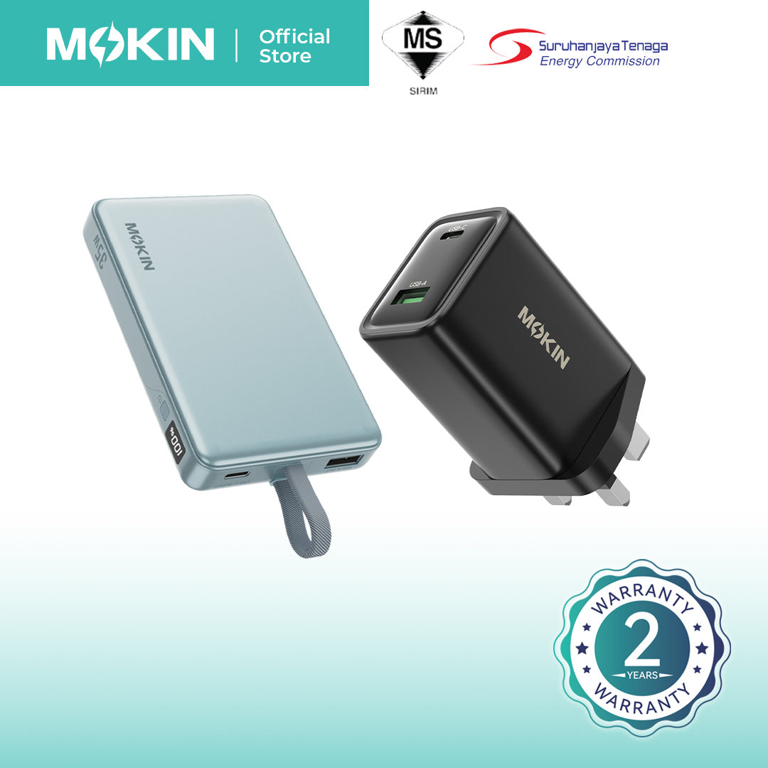 [BUNDLE PACK] MOKiN 35W 10000mAh Power Bank with build in USB C Cable and 45W PD TrueGround Wall Charger - Blue