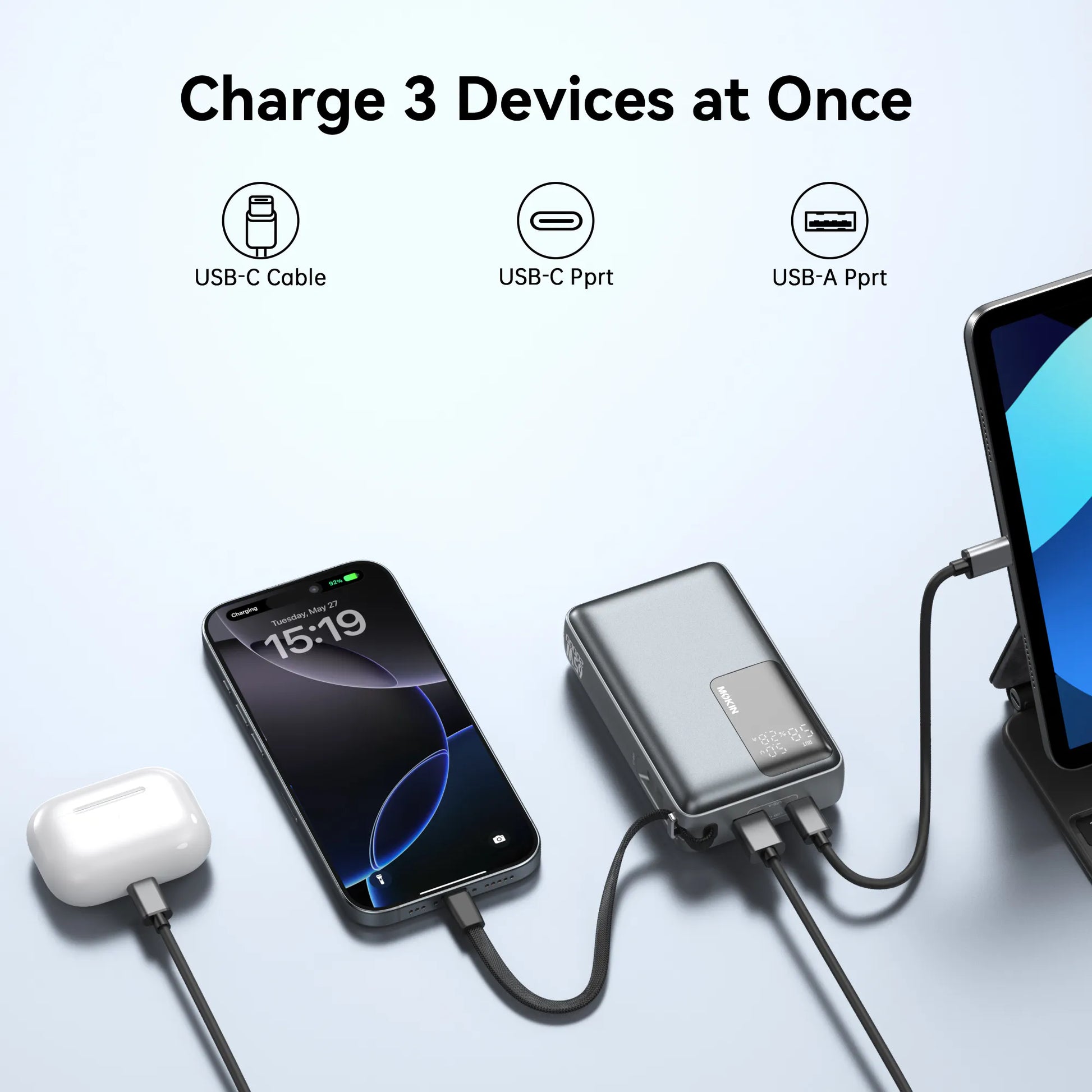 MOKiN 65W 20000mAh Power Bank with Bulit-in USB C Cable — view 3